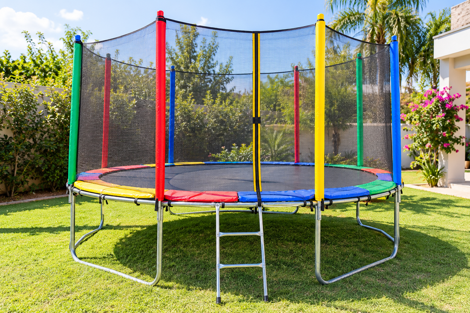 Cama elástica colorida montada em um jardim