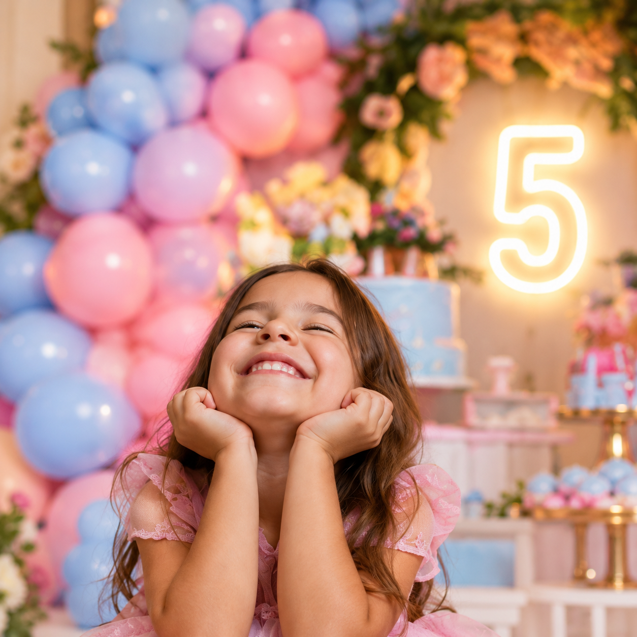 Menina sorrindo em uma festa com balões rosa e azul